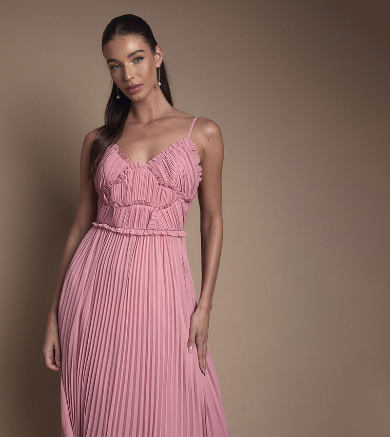 Ruffle Detail Strappy Pleated Maxi Bridesmaid Dress