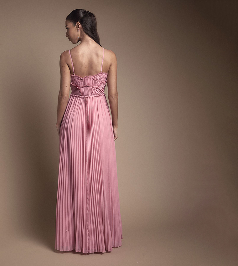 Ruffle Detail Strappy Pleated Maxi Bridesmaid Dress