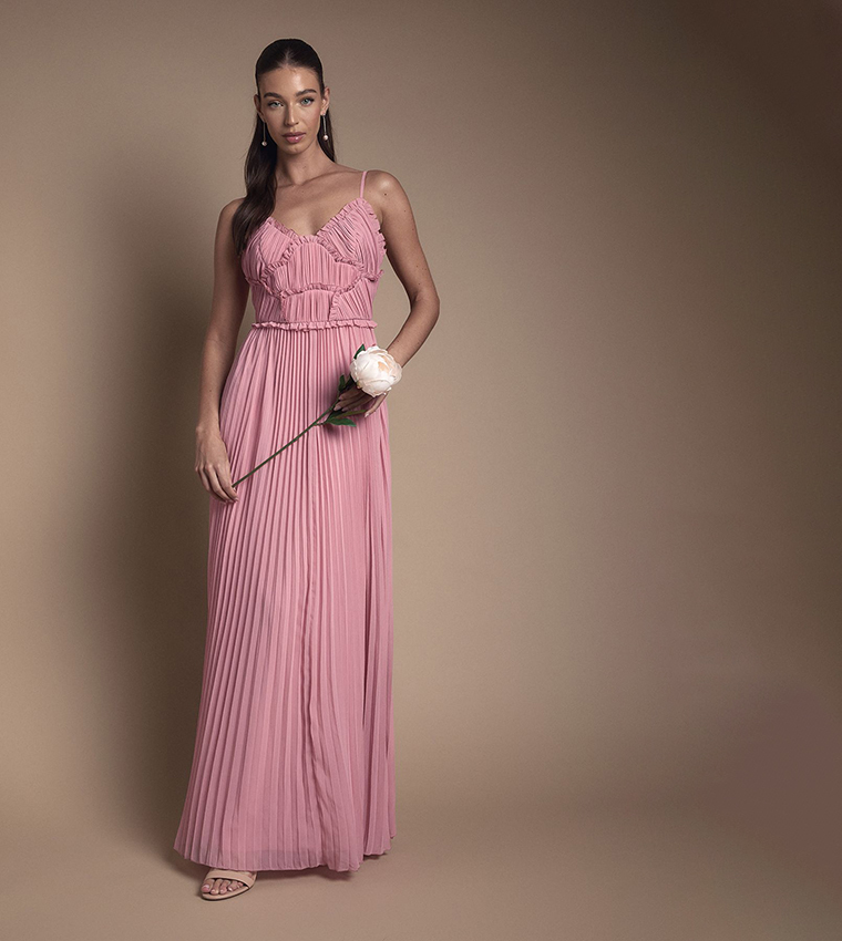 Ruffle Detail Strappy Pleated Maxi Bridesmaid Dress