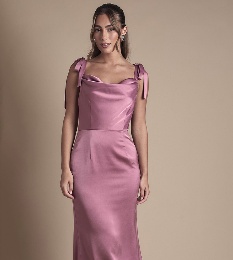 Satin Tie Shoulder Cowl Front Midi Bridesmaid Dress