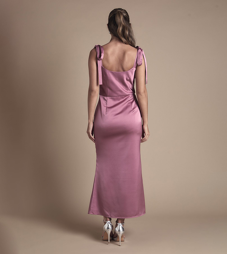 Satin Tie Shoulder Cowl Front Midi Bridesmaid Dress