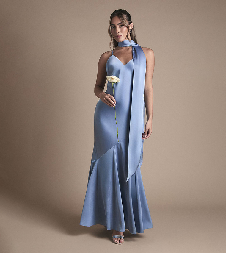beautiful gold bridesmaid dresses Amoris T711 Elegant Flowy Chiffon Gown with Neck Scarf  Mia Bella Couture