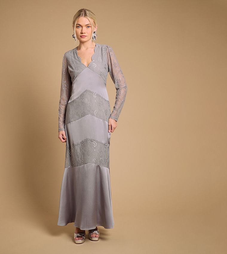 chinese dress ladies Shop The Elegant Nudy Gray Maxi Lace Dress at Raw Moda Large