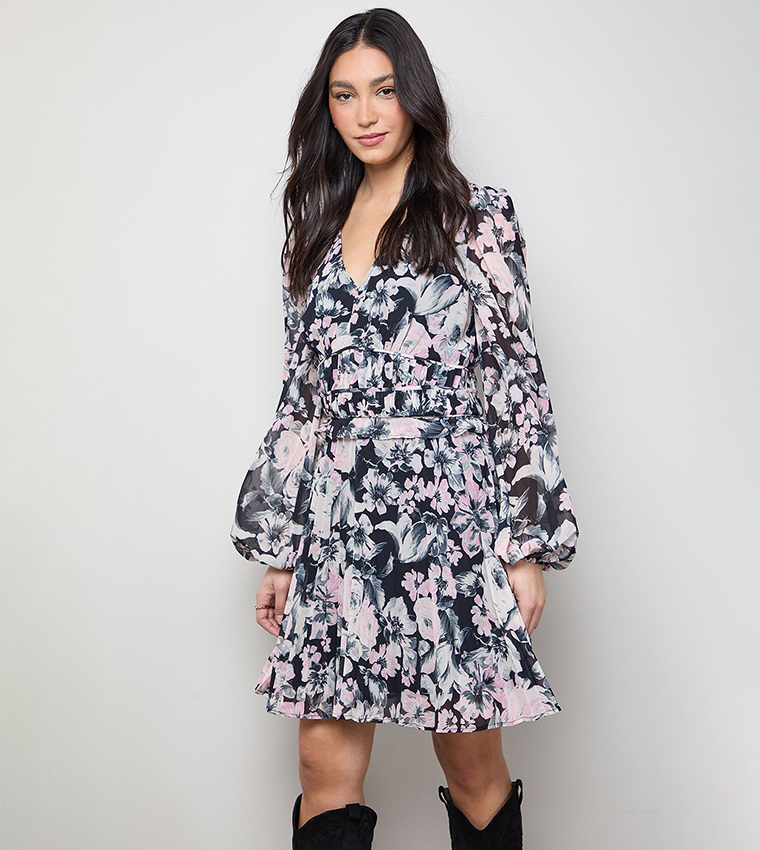 Printed Pleated Skirt Long Sleeves Mini Dress