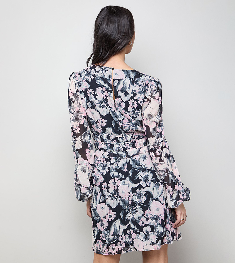 Printed Pleated Skirt Long Sleeves Mini Dress