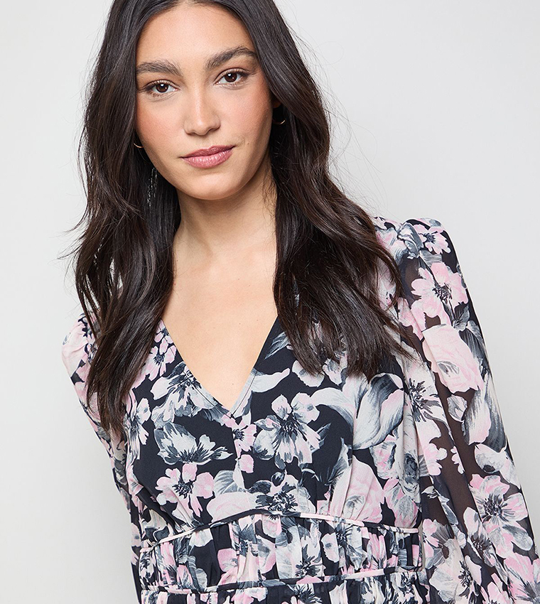 Printed Pleated Skirt Long Sleeves Mini Dress
