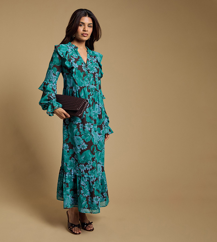 فستان ماكسي شيفون بكشكشة وكم طويل للمقاسات الصغيرة