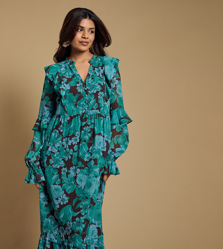 فستان ماكسي شيفون بكشكشة وكم طويل للمقاسات الصغيرة