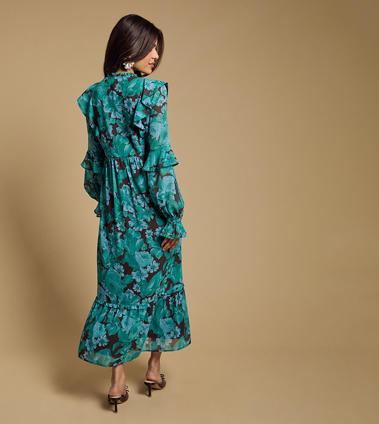 فستان ماكسي شيفون بكشكشة وكم طويل للمقاسات الصغيرة