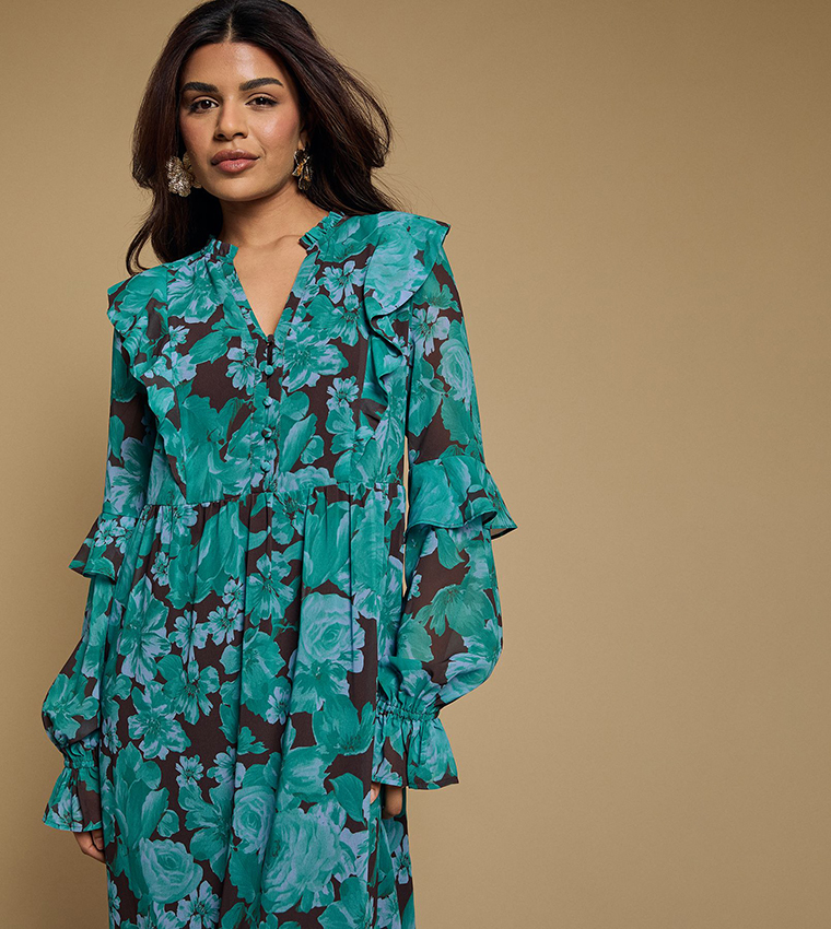 فستان ماكسي شيفون بكشكشة وكم طويل للمقاسات الصغيرة