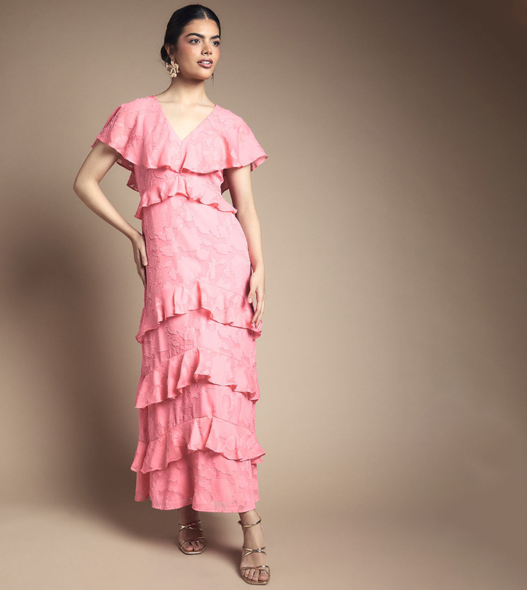 Jacquard Ruffle V-Neck Maxi Dress