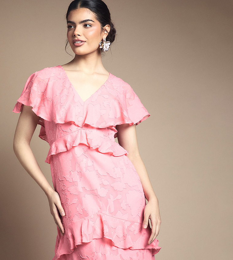 Jacquard Ruffle V-Neck Maxi Dress