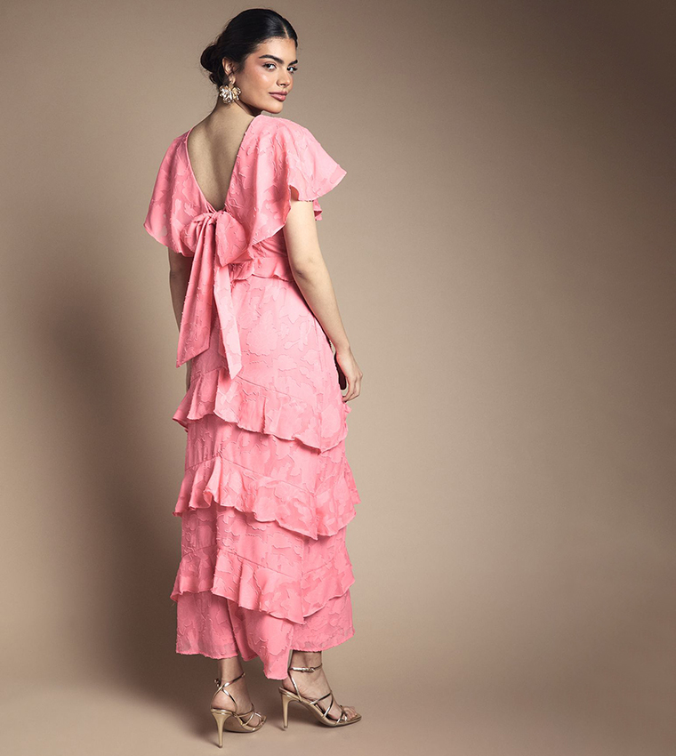 Jacquard Ruffle V-Neck Maxi Dress