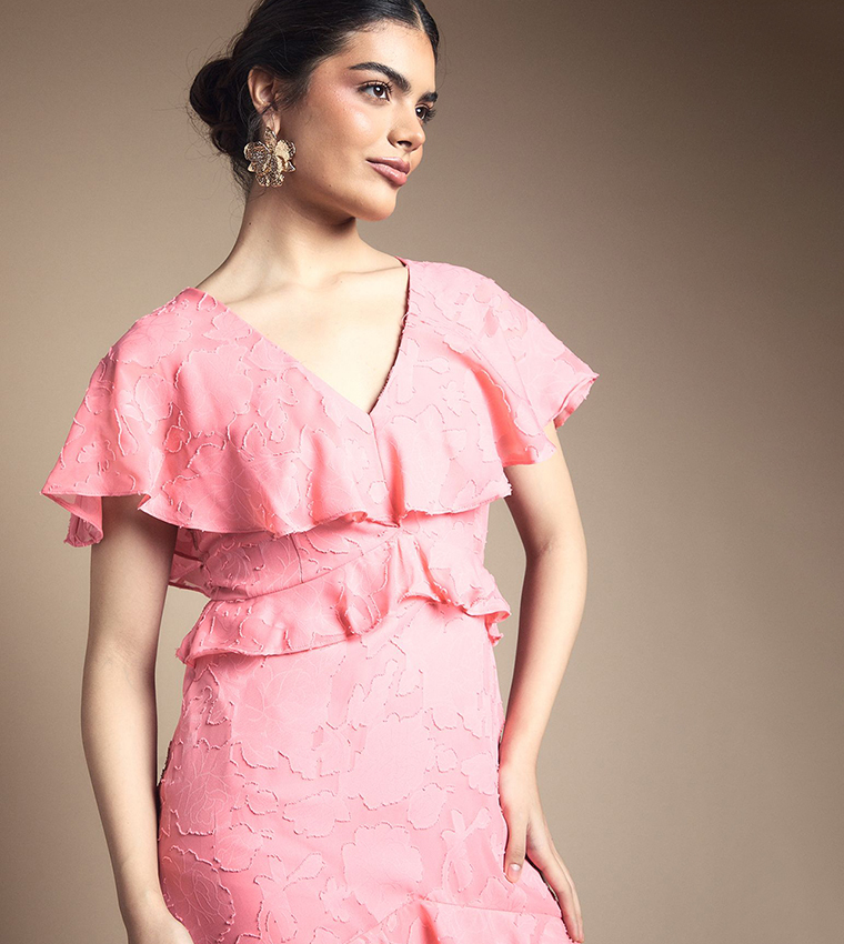 Jacquard Ruffle V-Neck Maxi Dress