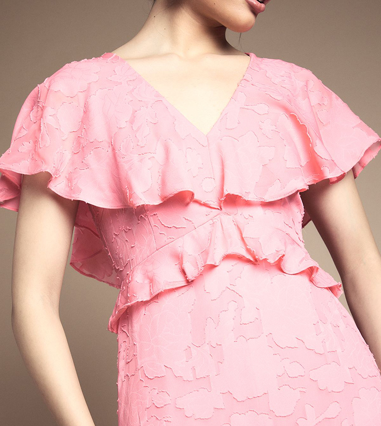 Jacquard Ruffle V-Neck Maxi Dress