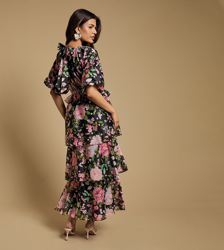 Petite Shirred Bodice Puff Sleeves Tiered Maxi Dress