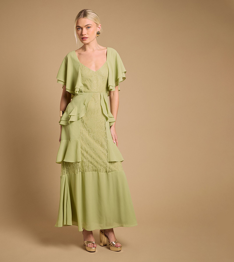 Lace Panel Ruffle Maxi Dress