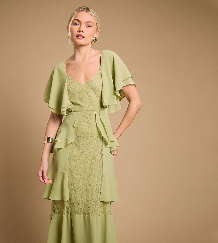 Lace Panel Ruffle Maxi Dress