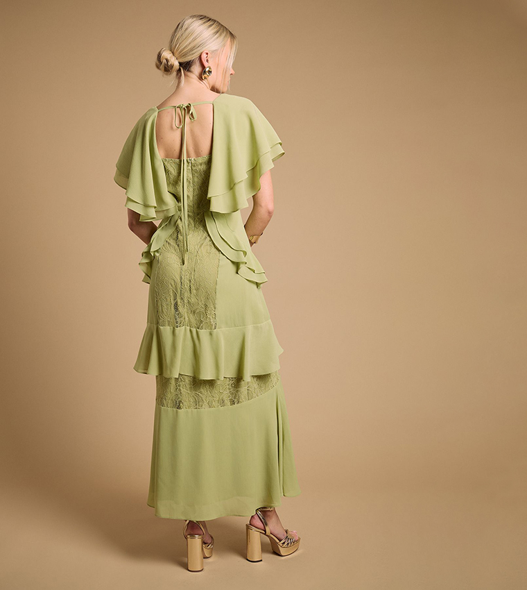 Lace Panel Ruffle Maxi Dress