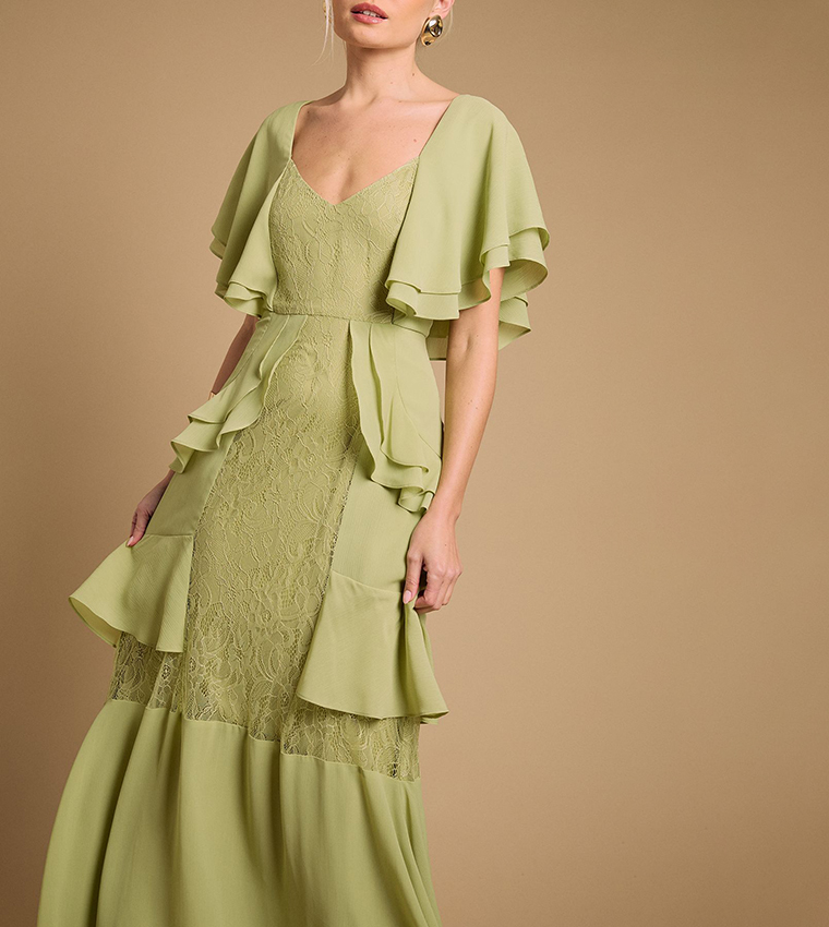 Lace Panel Ruffle Maxi Dress