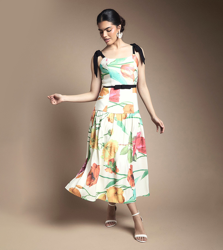 Bow Detail Drooped Waist Midi Dress