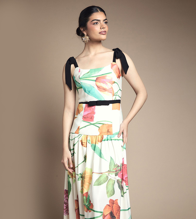 Bow Detail Drooped Waist Midi Dress