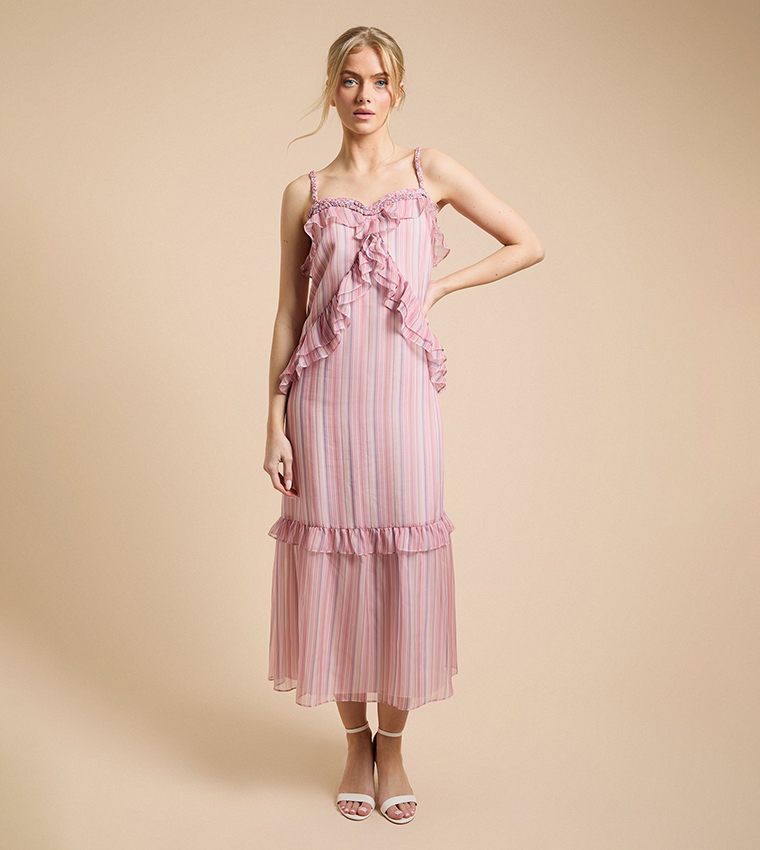 Rope Detail Neckline Ruffle Cami Midaxi Dress
