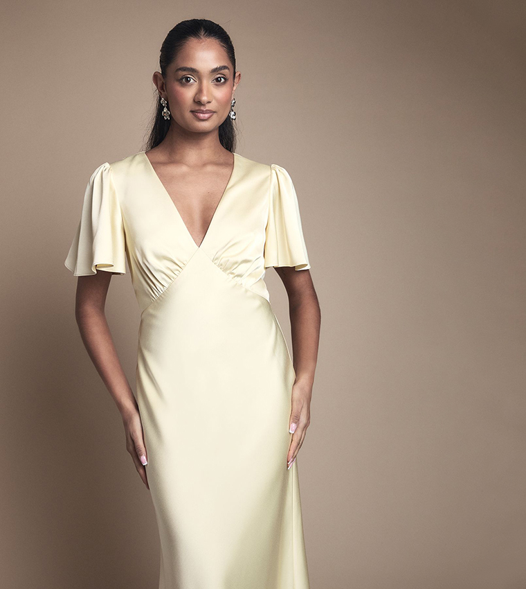 Deep V Fluted Sleeves Maxi Bridesmaid Dress