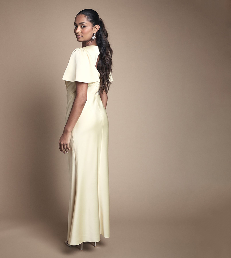 Deep V Fluted Sleeves Maxi Bridesmaid Dress