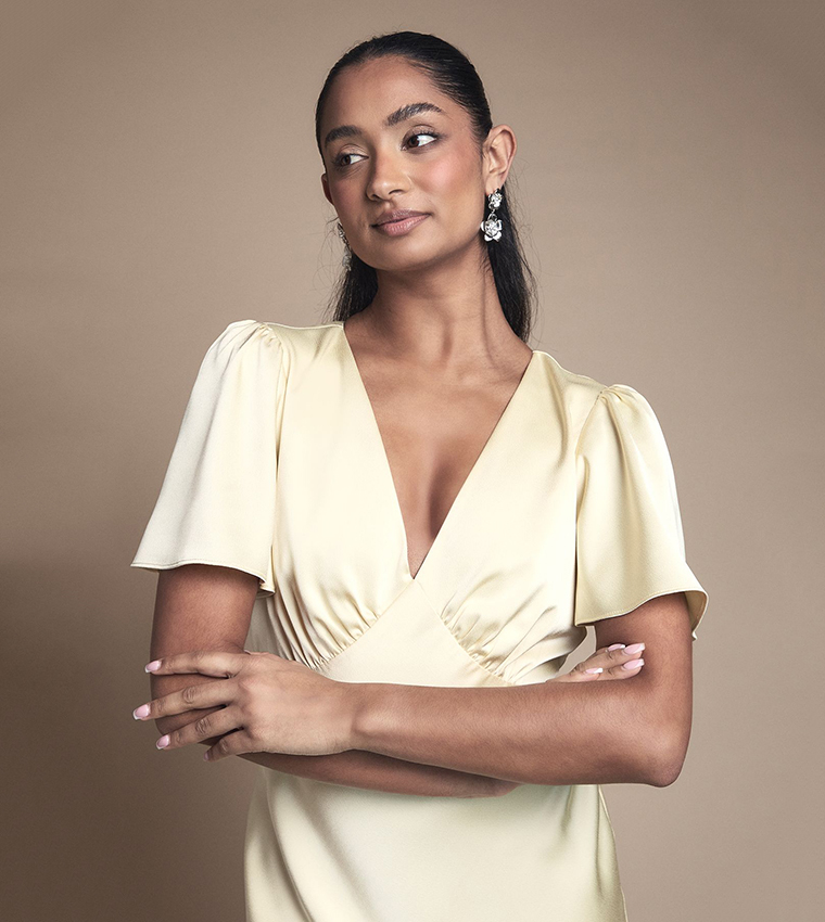 Deep V Fluted Sleeves Maxi Bridesmaid Dress