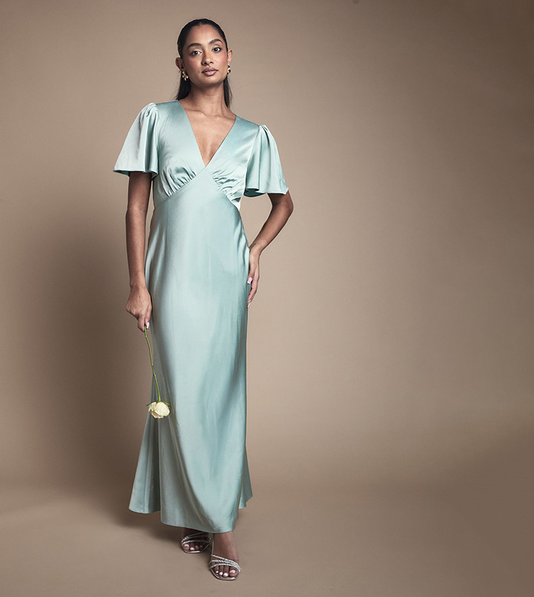 Deep V Fluted Sleeves Maxi Bridesmaid Dress