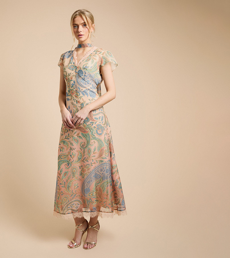 Neck Scarf Detail Fluted Sleeves Midaxi Dress