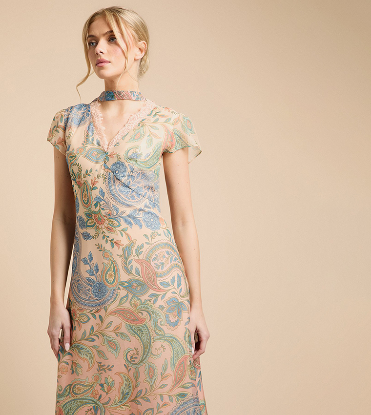Neck Scarf Detail Fluted Sleeves Midaxi Dress
