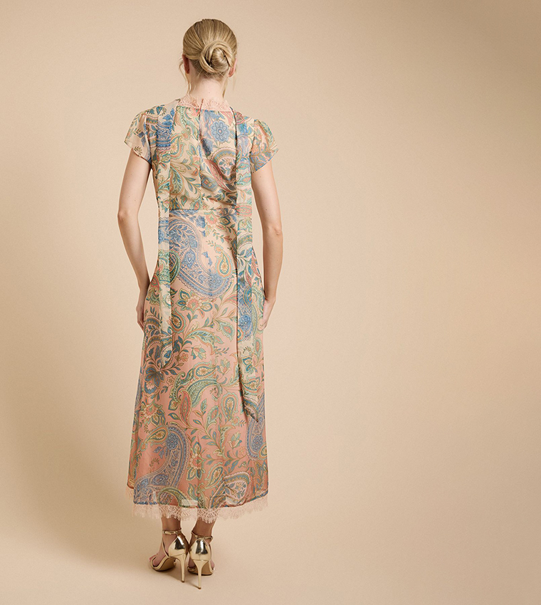 Neck Scarf Detail Fluted Sleeves Midaxi Dress