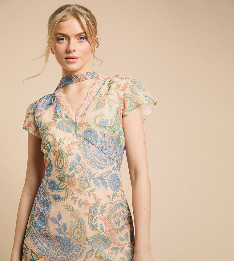 Neck Scarf Detail Fluted Sleeves Midaxi Dress
