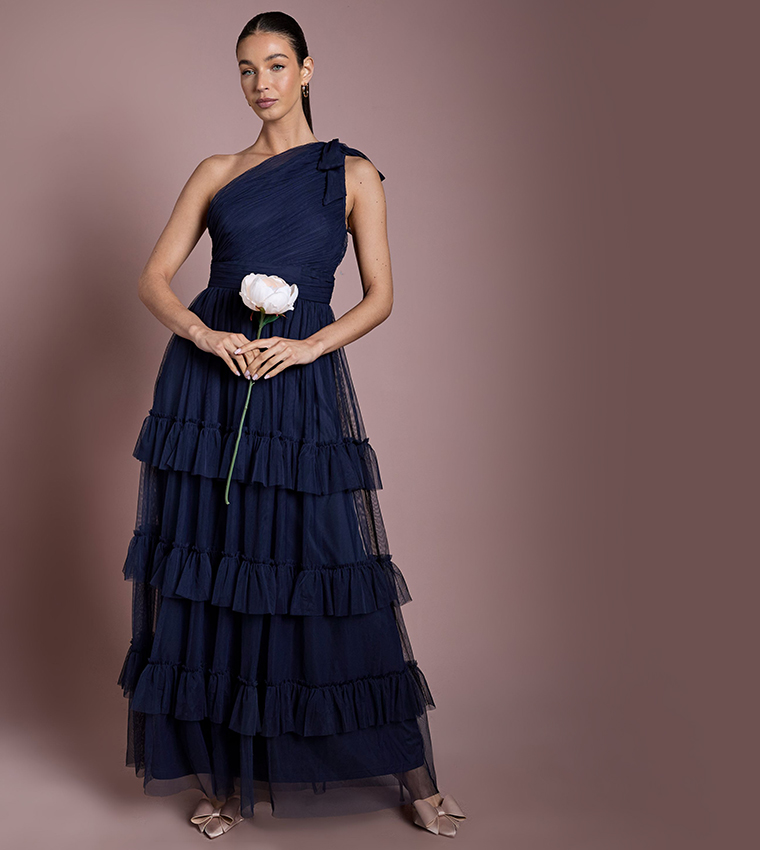 oasis pleated bridesmaid dress Oasis Women's Pleated Mesh One Shoulder Tiered Maxi Bridesmaid Maxi Dress in Navy