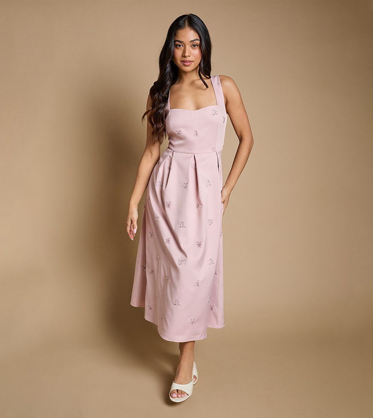 Petite Embellished Sweetheart Neck Midi Dress