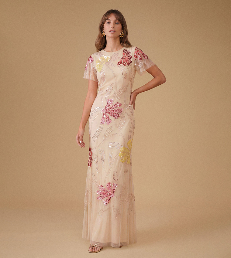 Fan Floral Embellished Angel Sleeves Maxi Dress