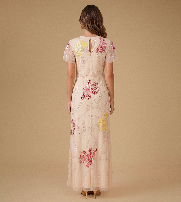 Fan Floral Embellished Angel Sleeves Maxi Dress