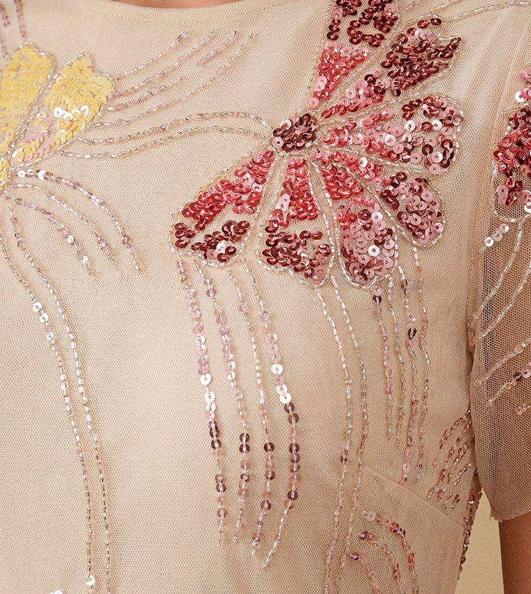 Fan Floral Embellished Angel Sleeves Maxi Dress
