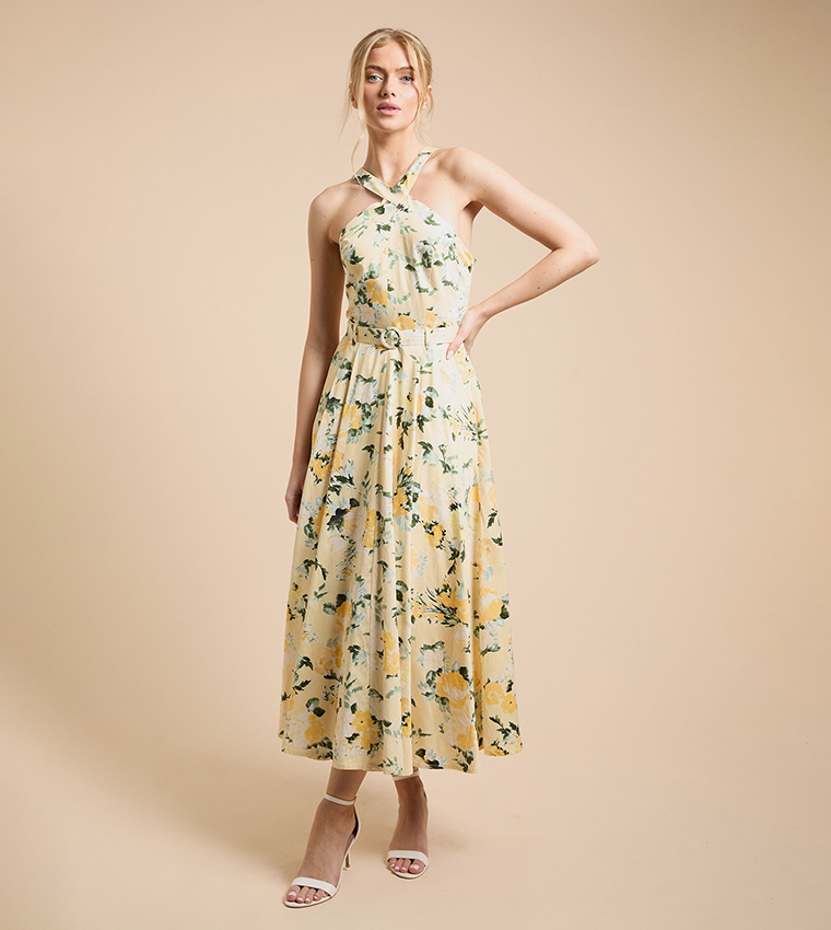 Floral Print Halterneck Poplin Midi Dress