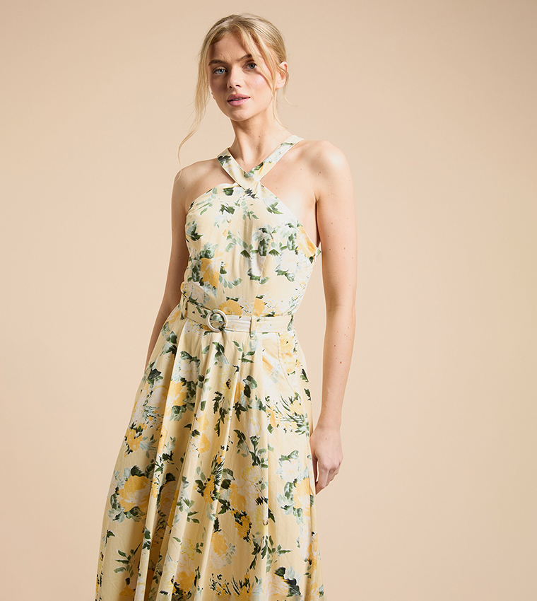 Floral Print Halterneck Poplin Midi Dress