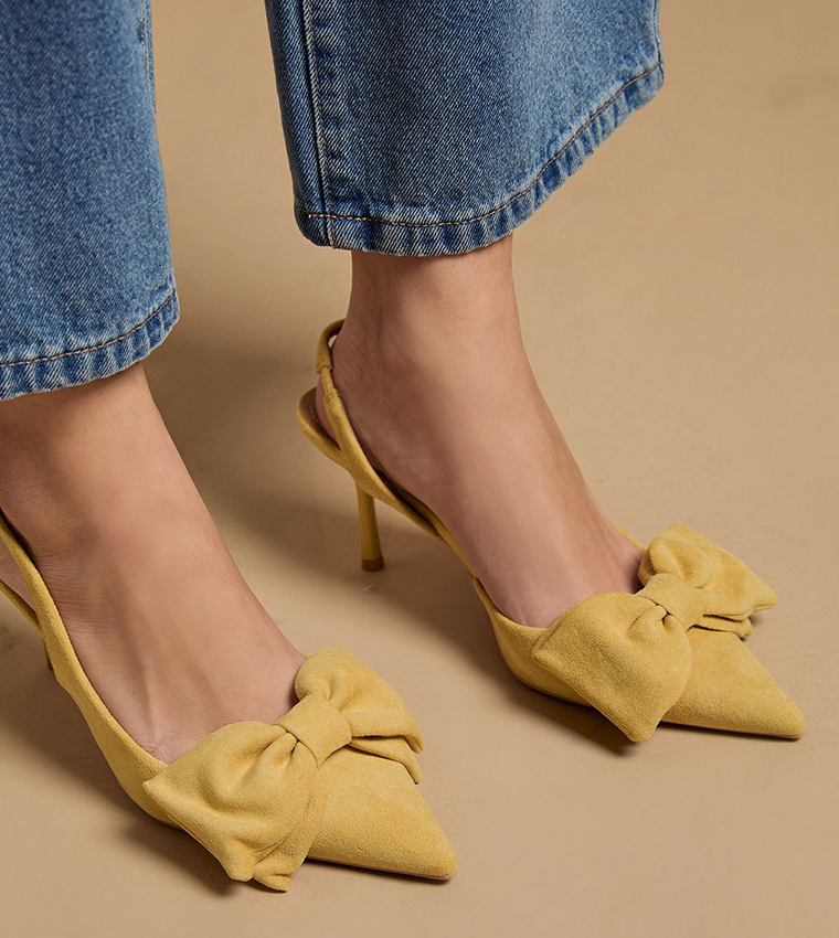 Rose Faux Suede Bow Detail Slingback Pumps