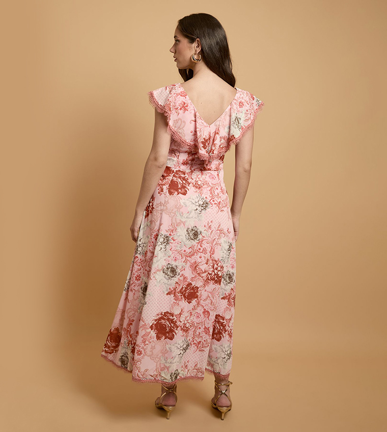 Printed Cape Sleeves Lace Hem Midaxi Dress