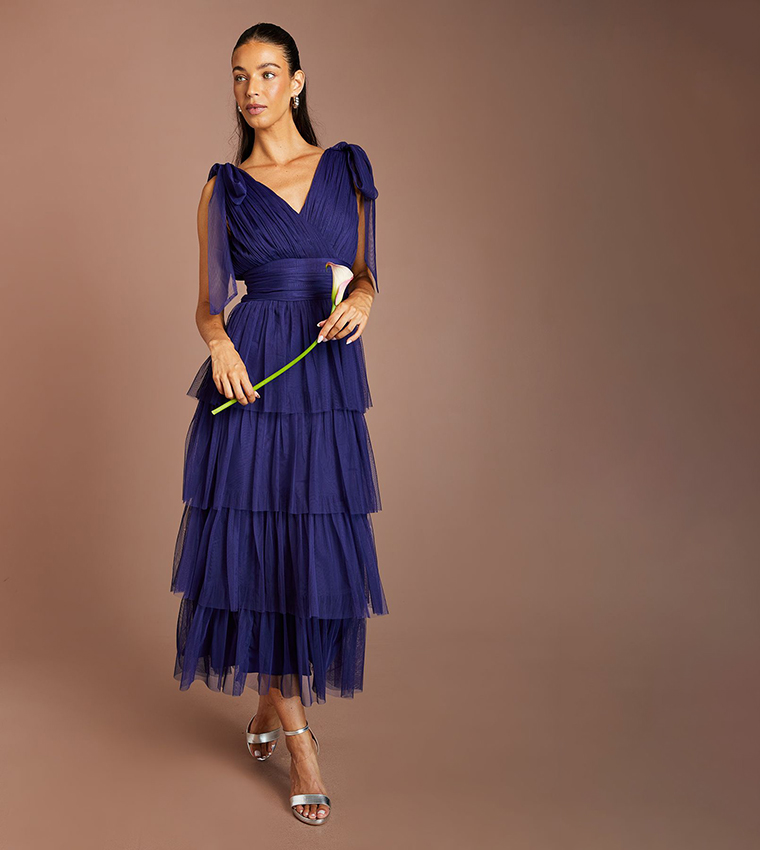 Buy Oasis Tie Shoulder Tiered Mesh Bridesmaid Midi Dress In Blue