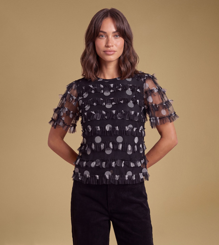 Printed Ruffle Mesh Short Sleeves Top