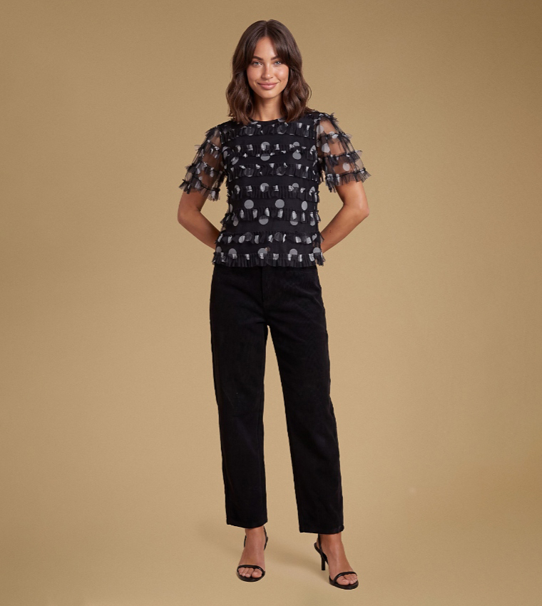 Printed Ruffle Mesh Short Sleeves Top
