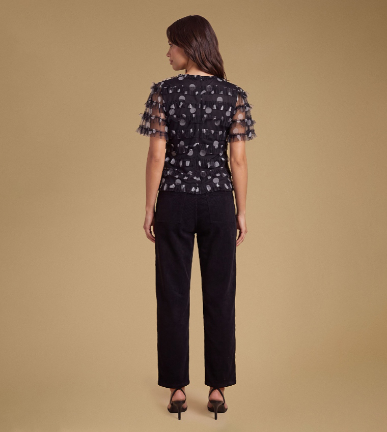 Printed Ruffle Mesh Short Sleeves Top