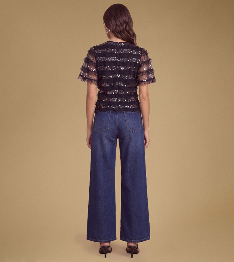 Sequined Ruffle Mesh Top