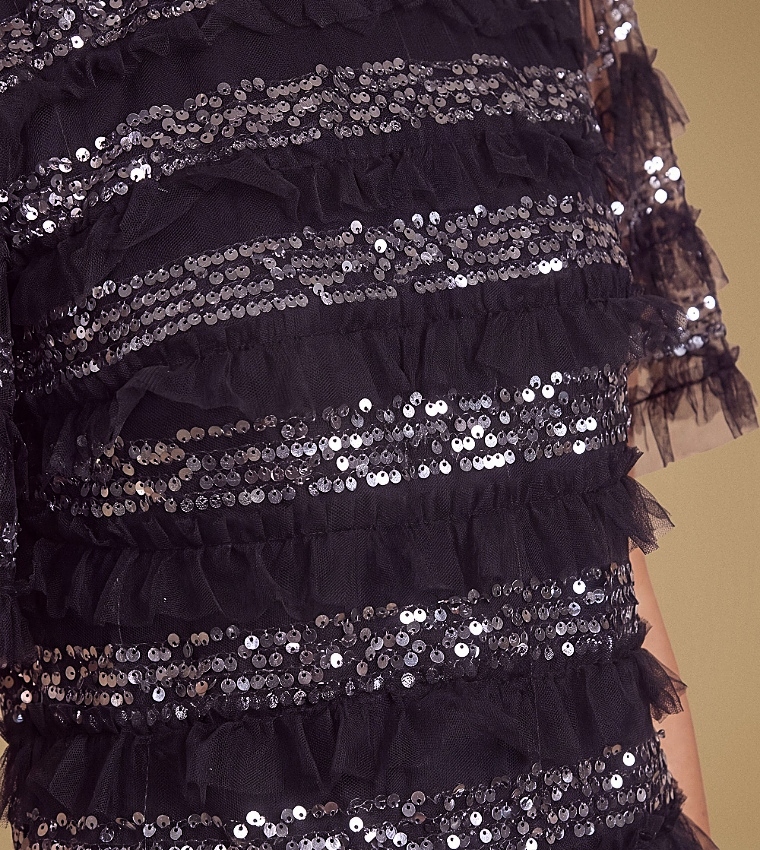 Sequined Ruffle Mesh Top